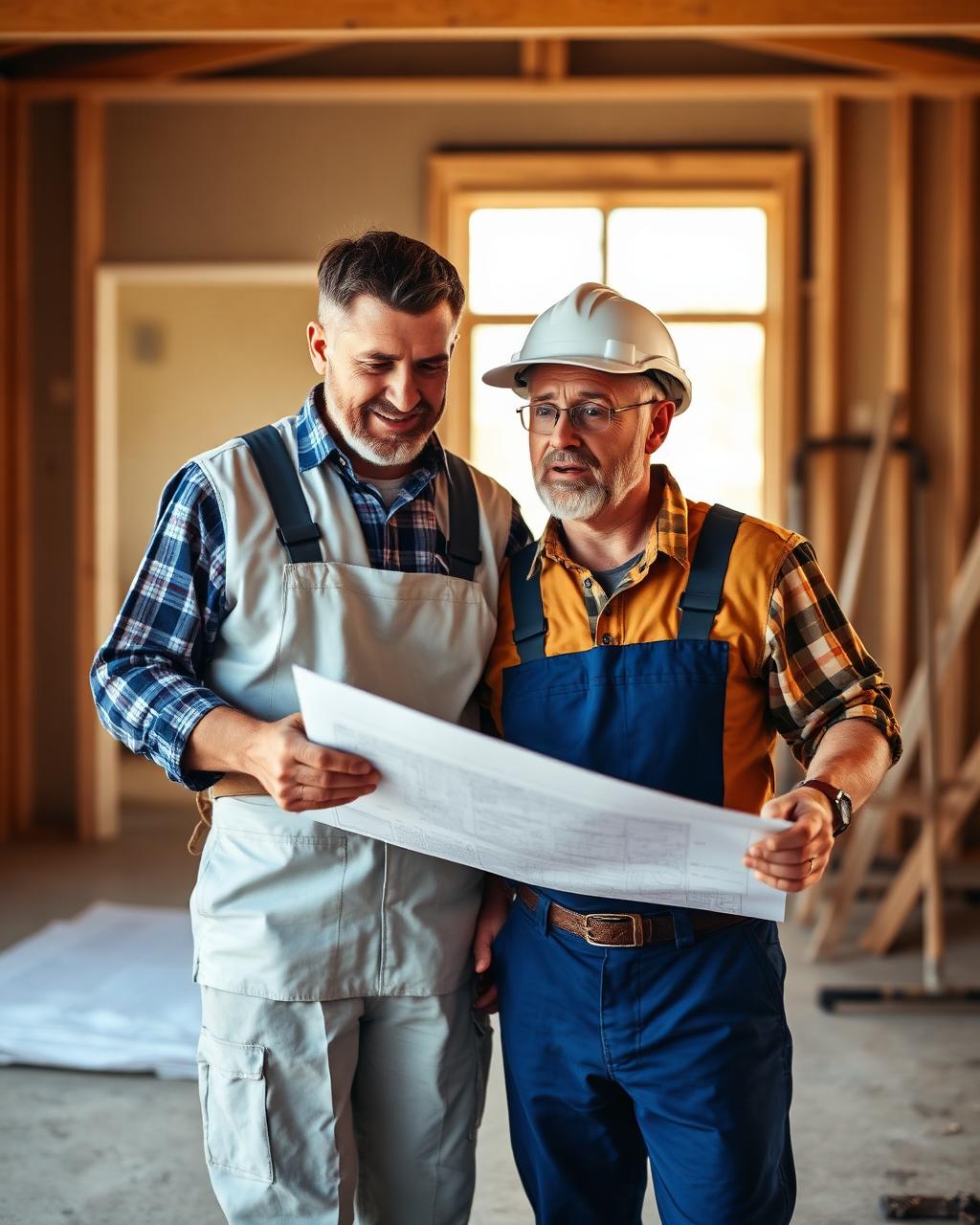 MM Home Improvement craftsmen reviewing project blueprints