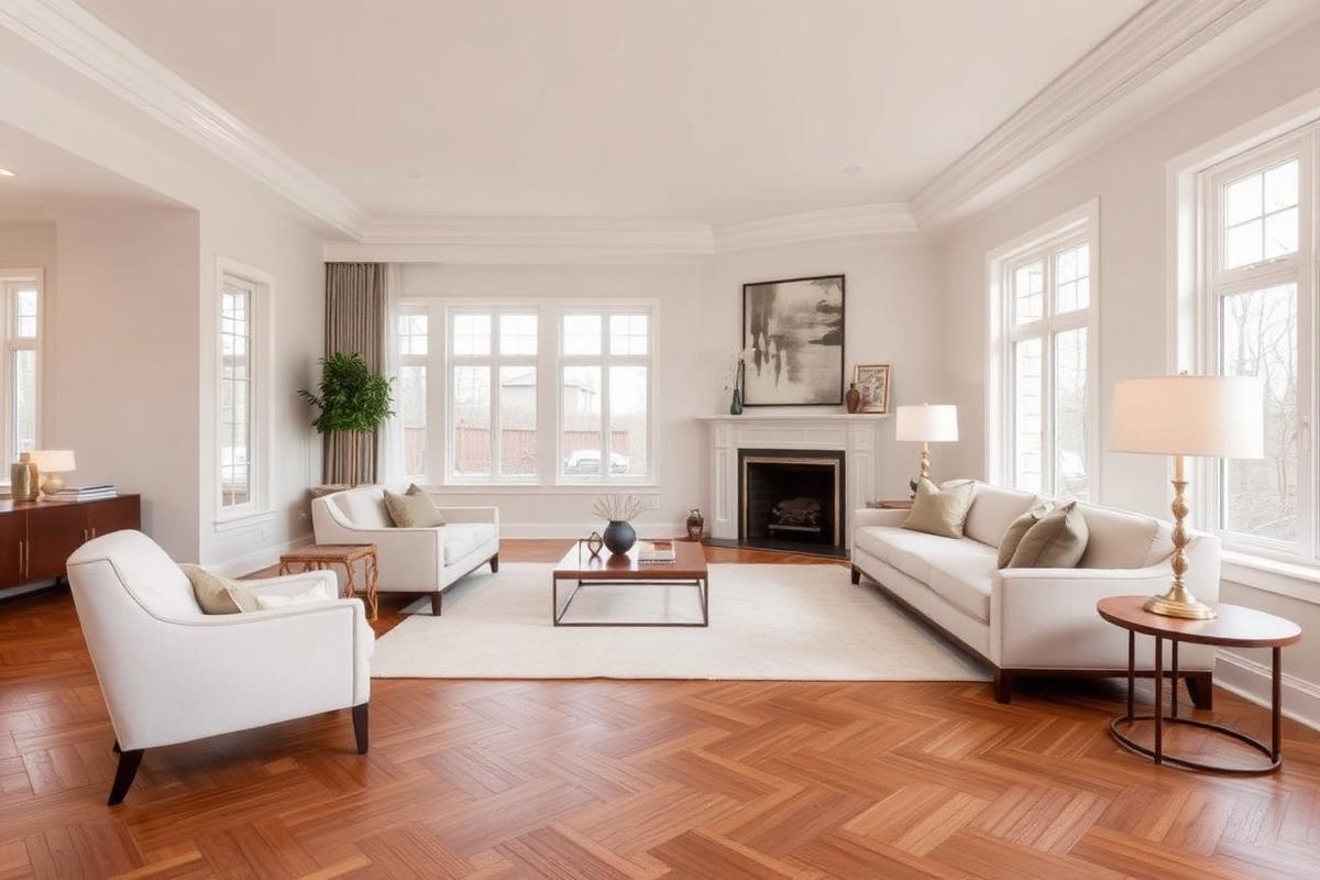 Living room remodel with herringbone floor