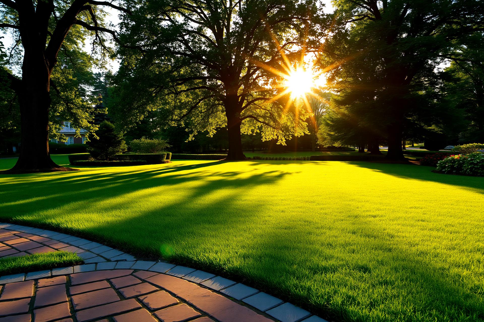 Manicured estate lawn at golden hour
