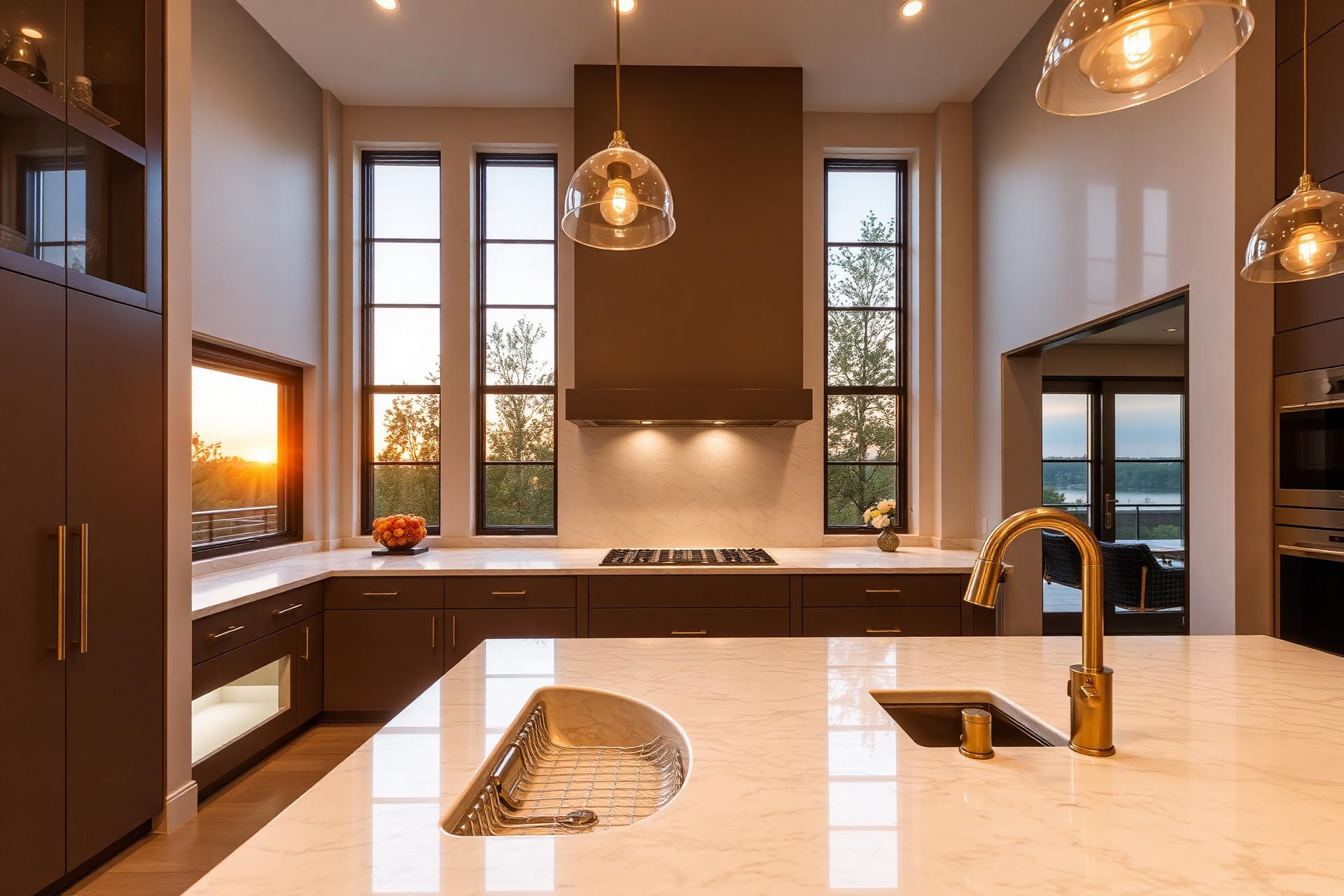 Luxury remodeled kitchen at sunset